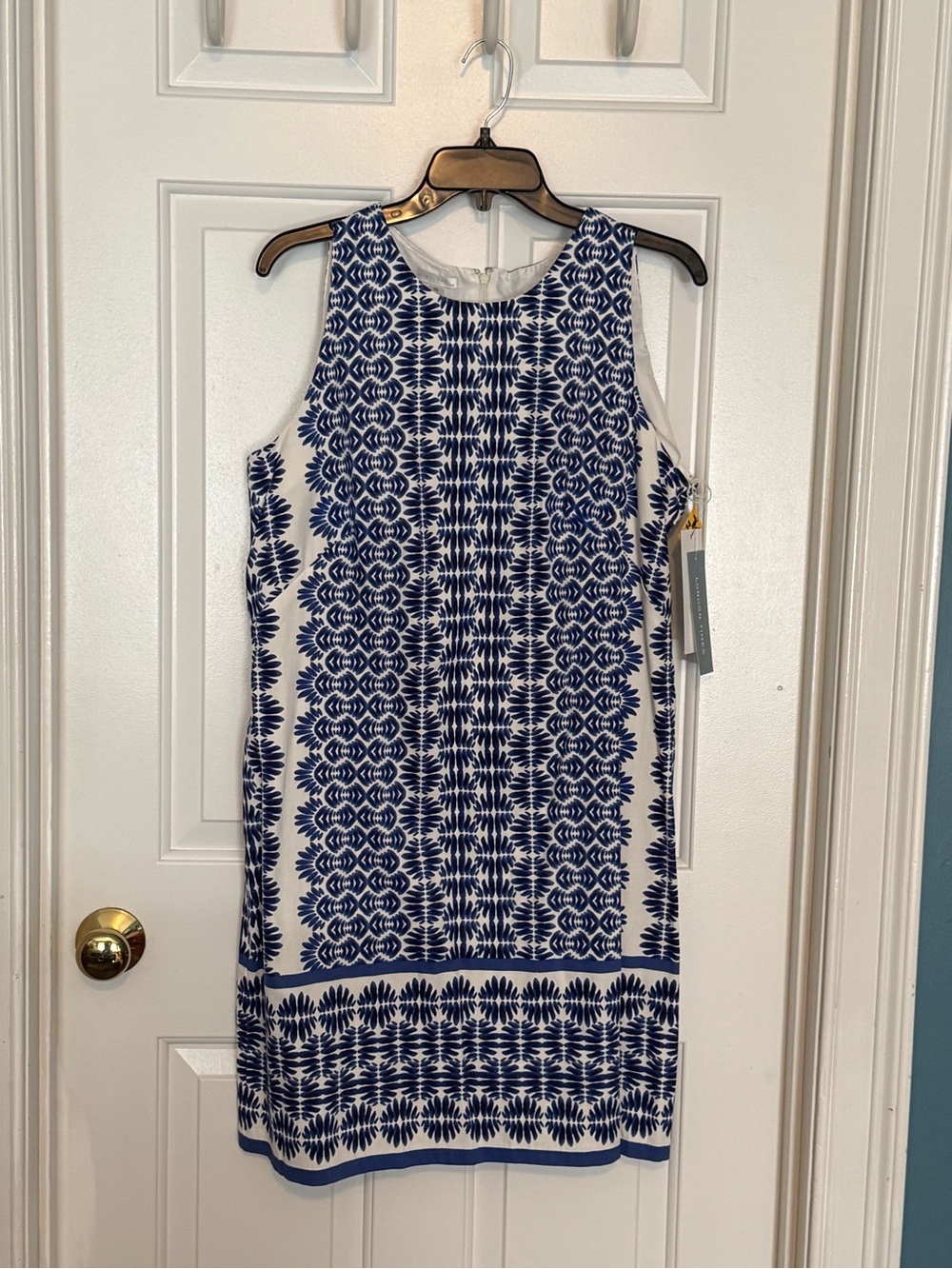 London Times Navy and White Sleeveless Patterned Midi Dress